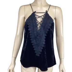 Wayf Top Size Medium Velvet‎ Posie Lace-Up Deep V Cami Black Blouse